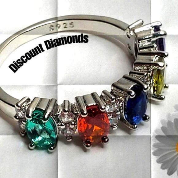 14K White Gold on 925 Multi Color Oval Cut Sapphire Cocktail Ring  Women's - Picture 1 of 9